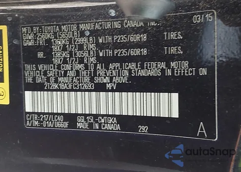 2015 Lexus Rx 350 from USA, damaged, VIN 2T2BK1BA3FC312693